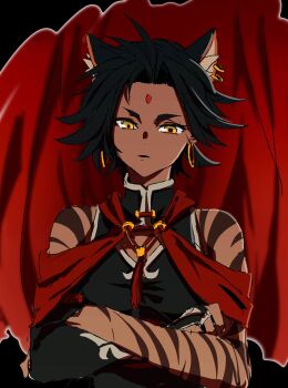 1girl animal_ears asymmetrical_gloves bindi black_hair cat_ears commentary_request crossed_arms dark_skin earrings esu_(transc) gloves highres jewelry rwby sienna_khan tiger_ears tiger_stripes uneven_gloves yellow_eyes