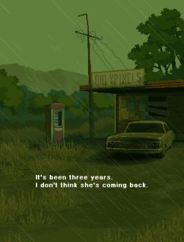 bulletin_board car english_text gas_station grass green_theme highres motor_vehicle mountainous_horizon no_humans onlypixeeels original outdoors pixel_art poster_(object) power_lines rain scenery tree utility_pole