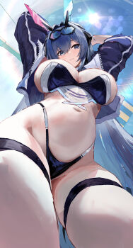 1girl :3 absurdres animal_ears arms_behind_head arms_up azur_lane blue_eyes blue_hair breasts commentary_request hair_between_eyes highleg highleg_panties highres large_breasts looking_at_viewer navel new_jersey_(azur_lane) new_jersey_(black_blur_prelude)_(azur_lane) official_alternate_costume panties rabbit_ears race_queen solo stomach suo_bu_ye_feng thigh_strap underwear