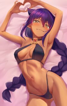 1girl absurdres armpits braid braided_ponytail breasts closed_mouth commentary_request dark-skinned_female dark_skin fang heart heart_hands highres jahy jahy-sama_wa_kujikenai! long_hair looking_at_viewer lying medium_breasts navel noshiro_tomoya on_back pointy_ears purple_hair smile solo very_long_hair yellow_eyes