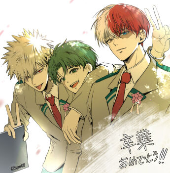 Rule 34 | 3boys, arm on another's shoulder, bakugou katsuki, blazer, blonde hair, blue eyes, boku no hero academia, burn scar, closed mouth, commentary request, freckles, green eyes, green hair, grey eyes, grey jacket, heterochromia, highres, holding with gesture, jacket, kingxxxx715, korean commentary, looking at viewer, male focus, midoriya izuku, multicolored hair, multiple boys, necktie, open mouth, red hair, red necktie, scar, scar on face, school uniform, short hair, simple background, spiked hair, split-color hair, teeth, todoroki shoto, tongue, tongue out, translation request, twitter username, two-tone hair, u.a. school uniform, upper body, v, white background, white hair