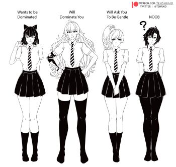 4girls ? absurdres ahoge animal_ears blake_belladonna braid braided_ponytail cat_ears cat_girl english_text full_body highres long_hair looking_at_viewer mechanical_arms meme monochrome multiple_girls necktie pantyhose patreon_logo patreon_username ruby_rose rwby short_hair short_sleeves simple_background single_mechanical_arm skirt standing tehshraid thighhighs twitter_username wants_to_be_dominated_(meme) weiss_schnee white_background yang_xiao_long