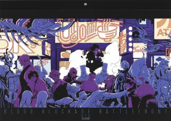 1girl calendar_(medium) chain_sumeragi character_request closed_mouth facial_hair glasses greyscale highres kekkai_sensen klaus_von_reinhertz leonardo_watch monochrome multiple_boys mutton_chops necktie nightow_yasuhiro official_art short_hair steven_a._starphase zap_renfro