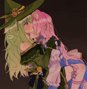 2girls animal_ears between_legs black_gloves blue_dress blush brown_background commentary dress english_commentary gloves green_dress green_hair green_hat hands_on_another&#039;s_shoulders hat highres kusanagi_nene long_hair mouse_ears multiple_girls off-shoulder_dress off_shoulder ootori_emu parted_lips pink_hair project_sekai purple_eyes shoulder_blades simple_background speech_bubble sweat the_coconutnut witch_hat yuri