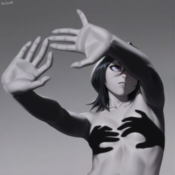 1girl \||/ ai-assisted anijunai armpits black_hair bleach blush breasts collarbone dark gradient_background grey_background hair_between_eyes hand_shadow_covering_breasts_(meme) highres kuchiki_rukia light_blush looking_at_viewer meme no_nipples non-web_source nude open_hands outstretched_arms parted_lips purple_eyes shadow shadow_censor short_hair signature solo spread_fingers topless_female