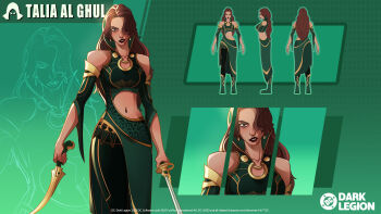 bare_shoulders black_lips boots brown_eyes brown_hair clothing_cutout commentary dc:_dark_legion dc_comics detached_sleeves dress english_commentary green_dress hair_over_one_eye high_collar highres long_dress long_hair multiple_views narrow_waist navel navel_cutout pants reference_sheet sleeveless sleeveless_dress talia_al_ghul wavy_hair