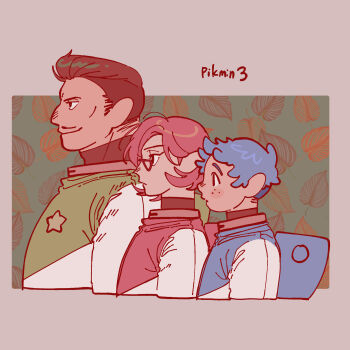 1girl 2boys alph_(pikmin) backpack bag black_eyes black_shirt blue_bag blue_hair blush_stickers boots brittany_(pikmin) brooch brown_boots brown_hair charlie_(pikmin) closed_mouth copyright_name cropped_torso expressionless eyelashes facial_hair freckles glasses green_background green_bag happy height_difference highres humanization jewelry leaf leaf_background lineup looking_ahead messy_hair mohawk multiple_boys mustache nintendo no_headwear parted_lips pikmin_(series) pikmin_3 pink_bag pink_hair pointy_nose red-framed_eyewear shirt short_hair sideburns smile spacesuit star_brooch triangular_eyewear turtleneck turtleneck_shirt two-tone_background yu_pikmin