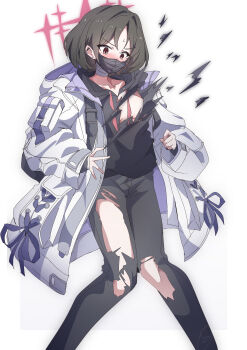 1girl absurdres bandaged_neck bandages black_hair black_hoodie black_mask black_pants blue_archive blush breasts coat collarbone ear_piercing halo highres hood hoodie long_sleeves mask misaki_(blue_archive) mouth_mask pants piercing red_eyes red_halo short_hair simple_background small_breasts solo star_halo surgical_mask to_(tototo_tk) torn_clothes torn_hoodie torn_pants white_background white_coat