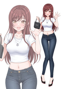 1girl absurdres alternate_costume artist_name bag black_shoes breasts brown_hair commentary_request crop_top cropped_shirt denim hands_up high_heels highres holding holding_bag idolmaster idolmaster_shiny_colors jeans jewelry large_breasts long_hair midriff navel necklace open_hand open_mouth osaki_amana pants parted_bangs pumps shirt shoes short_sleeves simple_background smile solo standing sulgi_park swept_bangs white_background white_shirt yellow_eyes zoom_layer