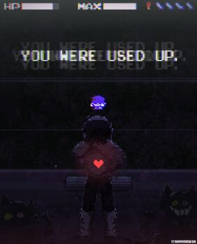 1other artist_name commentary deltarune english_commentary english_text friend_(deltarune) game_console health_bar heart heterochromia highres iamdoru1 kris_(dark_world)_(deltarune) kris_(deltarune) pink_eyes pixel_art pixel_heart smile soul_(deltarune) twitter_username user_interface utdr_(toby_fox) yellow_eyes