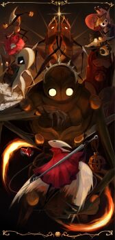 1other 4boys 4girls arthropod_boy arthropod_girl black_skin chakram cloak cogfly_(hollow_knight) colored_skin facial_hair flower fourth_chorus_(hollow_knight) garmond_(hollow_knight) green_helmet grindle_(hollow_knight) heart helmet highres holding holding_weapon hollow_eyes hollow_knight hollow_knight:_silksong horned_mask hornet_(hollow_knight) lace_(hollow_knight) last_judge_(hollow_knight) long_mustache mask merlizetdi multiple_boys multiple_girls mustache needle_(hollow_knight) nuu_(hollow_knight) o3o pin_(hollow_knight) red_cloak red_eyes robot shakra_(hollow_knight) sherma_(hollow_knight) snail_shell tool_(hollow_knight) trobbio_(hollow_knight) weapon white_flower white_mask white_wings wings zaza_(hollow_knight)