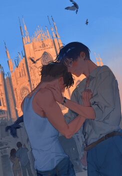 2girls 4boys absurdres amo_(amo_0514) architecture armpit_crease bare_arms bare_shoulders belt bird black_bird blue_eyes blue_hair blue_pants blue_sky blush brown_belt brown_hair building cathedral church closed_mouth collared_shirt commentary_request couple cowboy_shot crow crying dusk dutch_angle earrings from_side glasses gothic_architecture grey_shirt hand_on_another&#039;s_chest hand_on_another&#039;s_neck head_down heads_together highres jewelry light_frown looking_at_another looking_down male_focus milan_cathedral multiple_boys multiple_girls open_collar original outdoors pants shirt shirt_tucked_in short_hair sky sleeves_rolled_up standing sunlight tank_top three-quarter_sleeves undercut watch white_tank_top wristwatch yaoi