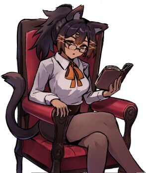 1girl animal_ears black_hair black_pantyhose black_skirt black_tail blush book breasts brown_eyes brown_hair cat_ears cat_girl cat_tail chair collared_shirt commentary commission corrupted_twitter_file crossed_legs english_commentary feet_out_of_frame glasses gradient_hair hair_between_eyes hair_ornament highres holding holding_book indie_virtual_youtuber long_hair looking_over_eyewear medium_breasts multicolored_hair neck_ribbon on_chair open_book orange_ribbon pantyhose parted_lips ponytail ribbon shirt simple_background sitting skirt solo sulkycats tail virtual_youtuber wersman white_background white_shirt x_hair_ornament