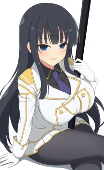 Rule 34 | 1girl, aiguillette, black hair, black pantyhose, black shirt, blue eyes, blue necktie, blunt bangs, breasts, crossed legs, epaulettes, gold trim, highres, ikaruga (senran kagura), large breasts, long hair, looking at viewer, manjou (q tiwj), military, military uniform, necktie, ootachi, open mouth, pantyhose, senran kagura, shirt, solo, very long hair