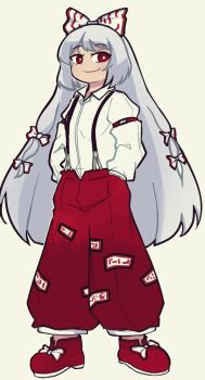 1girl boots bow dagger131134_(kama_astor) fujiwara_no_mokou grey_hair hair_bow hair_ribbon highres just_a_chill_guy_(meme) long_hair long_sleeves meme ofuda ofuda_on_clothes pants red_boots red_eyes red_pants ribbon shirt smile suspenders touhou white_background white_bow white_hair white_shirt