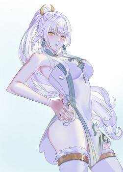 1girl aoiabyss bare_shoulders breasts china_dress chinese_clothes commentary cowboy_shot crescent crescent_hair_ornament dress earrings fur-trimmed_legwear fur_trim genshin_impact grey_hair hair_ornament hand_on_own_hip highres jewelry large_breasts long_hair multicolored_hair nail_polish ponytail solo streaked_hair white_dress yellow_eyes yellow_nails zibai_(genshin_impact)
