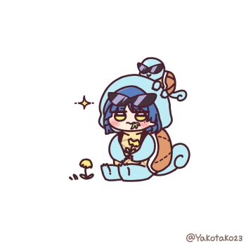 1girl blush_stickers bocchi_the_rock! chibi chibi_only commentary cosplay crossover eating full_body gen_1_pokemon highres nintendo pokemon pokemon_(creature) sparkle squirtle squirtle_(cosplay) sunglasses twitter_username white_background yakotako yamada_ryo yellow_eyes