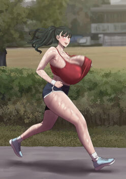 1girl akai_melon alternate_breast_size_(larger) bare_shoulders black_buruma black_hair blush breasts buruma cleavage covered_erect_nipples curvy earrings highres huge_breasts jewelry long_hair looking_at_viewer navel open_mouth outdoors red_sports_bra running sexually_suggestive smile solo sports_bra spy_x_family sweat thighs track_and_field track_uniform yor_briar