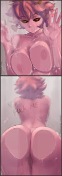 1girl against_glass ashido_mina ass ass_press black_sclera boku_no_hero_academia breast_press breasts breasts_on_glass cleft_of_venus colored_sclera colored_skin heart highres horns huge_ass large_breasts multiple_views naughty_face nipples nude paranoid.droid pink_hair pink_skin pussy short_hair shower solo_focus yellow_eyes