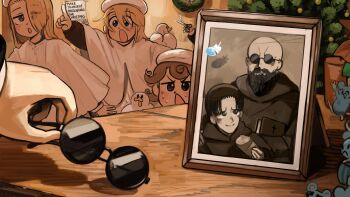 3girls :o bald bald_priest_(diva) bird black_hair blonde_hair blue_eyes brown_eyes brown_hair chicken clumsy_nun_(diva) commentary diva_(hyxpk) duck english_commentary father_(diva) froggy_nun_(diva) hair_between_eyes hair_over_one_eye hat highres little_nuns_(diva) long_hair mouse_(animal) multiple_girls note nun photo_(object) robe round_eyewear scissors short_hair spicy_nun_(diva) sunglasses triangle_mouth white_hat white_robe yellow_eyes