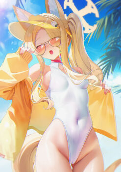 1girl absurdres animal_ears bare_shoulders blonde_hair blue_archive blush breasts cameltoe choker cleavage_cutout clothing_cutout collarbone commentary_request covered_navel extra_ears fox_ears gradient_eyes groin hair_over_one_eye halo highres jacket jiang_ye_kiri long_hair looking_at_viewer multicolored_eyes one-piece_swimsuit orange-tinted_eyewear seia_(blue_archive) seia_(swimsuit)_(blue_archive) side_ponytail sidelocks small_breasts solo sunglasses swimsuit thighs tinted_eyewear visor_cap white_one-piece_swimsuit yawning yellow_eyes yellow_halo yellow_jacket