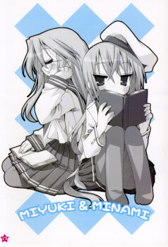 Rule 34 | 00s, 2girls, absurdres, argyle background, argyle clothes, blue background, glasses, highres, iwasaki minami, lucky star, monochrome, multiple girls, official art, pantyhose, school uniform, serafuku, spot color, takara miyuki, yoshimizu kagami