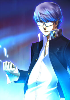 1boy atlus bad_id bad_pixiv_id blouse clenched_hand collared_shirt fujino_miyabi glasses glowing gradient_background grey_eyes grey_hair light male_focus narukami_yu persona persona_4 school_uniform shirt short_hair smirk solo summoning white_shirt