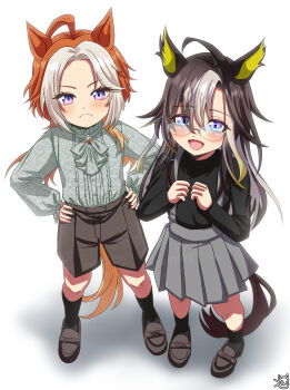 2girls absurdres ahoge animal_ears ascot black_hair black_shirt black_socks blue_eyes blush brown_hair brown_shorts closed_mouth color_neko_(user_yfvc3323) commentary_request dream_journey_(umamusume) frown glasses grey_ascot grey_shirt grey_skirt hair_between_eyes highres horse_ears horse_girl horse_tail long_hair long_sleeves looking_at_viewer multicolored_hair multiple_girls open_mouth orange_hair orfevre_(umamusume) purple_eyes shirt shoes shorts skirt smile socks suspender_skirt suspenders tail two-tone_hair umamusume white_hair
