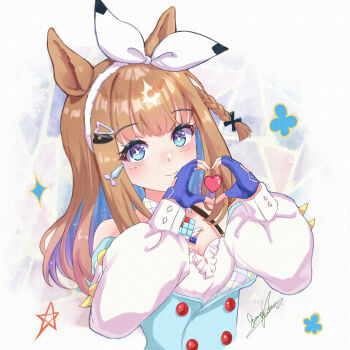 1girl almond_eye_(umamusume) animal_ears blush breasts brown_hair cleavage closed_mouth commentary_request detached_sleeves evefly_megane_p fingerless_gloves fingernails gloves hair_between_eyes hair_ornament hairband hairclip heart heart_hands highres horse_ears horse_girl looking_at_viewer multicolored_hair signature simple_background smile solo two-tone_hair umamusume white_background