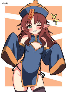 +++ 1girl absurdres arknights artist_name bare_shoulders black_panties black_thighhighs blue_dress blue_hat blush breasts china_dress chinese_clothes cleavage cleavage_cutout clothing_cutout commentary contrapposto detached_sleeves dress earrings green_eyes grin hat hendra highres jewelry jiangshi_costume long_hair looking_at_viewer myrtle_(arknights) ofuda ofuda_on_head one_eye_closed orange_background panties panty_straps parted_lips pelvic_curtain pointy_ears qingdai_guanmao red_hair side-tie_panties signature simple_background sleeves_past_fingers sleeves_past_wrists small_breasts smile solo thighhighs underwear
