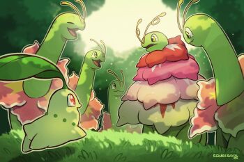 antennae chikorita closed_eyes closed_mouth evolutionary_line flower gen_2_pokemon grass highres leaf mega_meganium mega_pokemon meganium nintendo no_humans open_mouth outdoors pokemon pokemon_(creature) pokemon_focus red_eyes sky smile squeegool tail tree yellow_eyes