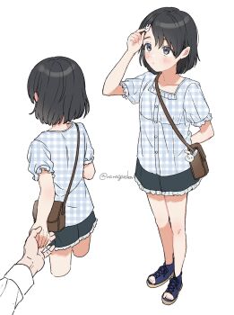 1boy 1girl arm_behind_back bag bare_legs black_hair black_skirt blue_shirt blue_shoes blush boots brown_bag closed_mouth collarbone commentary ear_blush frills gingham_clothes grey_eyes hair_ornament hand_up highres holding_hands idolmaster idolmaster_cinderella_girls idolmaster_cinderella_girls_u149 multiple_views nanagaedemo open-toe_boots out_of_frame rabbit_hair_ornament sasaki_chie shirt shoes short_hair short_sleeves simple_background skirt solo_focus twitter_username untranslatable_commentary white_background