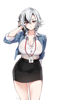 1girl arlecchino_(genshin_impact) black_eyes black_hair breasts cleavage foxyreine genshin_impact highres large_breasts long_sleeves looking_at_viewer multicolored_hair office_lady shirt skirt solo streaked_hair symbol-shaped_pupils textless_version white_hair x-shaped_pupils