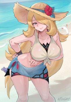 ! 1girl absurdres alternate_breast_size_(larger) alternate_costume arm_under_breasts armpit_crease artsheops beach bikini bikini_under_clothes blonde_hair blue_sarong blush bracelet breasts cleavage collarbone commission commissioner_upload cynthia_(pokemon) cynthia_(summer_2025)_(pokemon) flower flower_ornament gen_1_pokemon grey_eyes hair_over_one_eye hand_on_own_hip hat hat_flower hibiscus highres jewelry large_breasts large_variant_set leaning_forward long_hair looking_at_viewer nintendo official_alternate_costume pokemon pokemon_(creature) pokemon_masters_ex red_flower sarong shellder shirt side-tie_skirt smile solo sun_hat swimsuit tied_shirt variant_set very_long_hair wiglett
