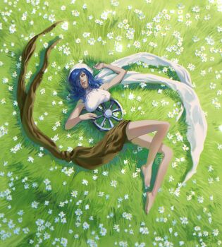 1girl blue_hair fortuna_(megami_tensei) full_body highres leylinefount looking_at_viewer lying megami_tensei on_back on_grass shin_megami_tensei smile solo yellow_eyes