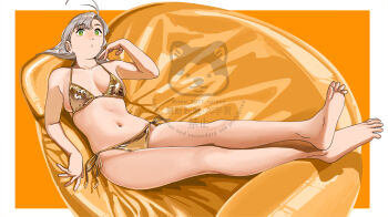 1girl absurdres alternate_costume antenna_hair barefoot bikini breasts commentary_request couch gold_bikini green_eyes grey_hair highres kantai_collection kinugasa_(kancolle) kinugasa_kai_ni_(kancolle) long_hair lying medium_breasts ojipon orange_background side-tie_bikini_bottom slying solo swimsuit watermark