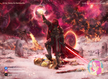 1other 2boys after_battle arm_above_head armor artist_logo artist_name battle_damage battlefield black_armor blonde_hair blood blood_splatter breath_weapon breathing_fire cape chaldea_security_organization chaos_(warhammer) chaos_undivided_(symbol) commentary corpse crossover damaged dedosdemantequilla ea_(fate) energy_sword english_commentary english_text facebook_logo facebook_username fantasy fate/grand_order fate_(series) fire gilgamesh_(fate) gold_armor heldrake_(40k) highres hood hooded_cape injury instagram_logo instagram_username lightning lightsaber logo mask monolith_(object) monster multiple_boys multiple_crossover ornate_armor outdoors pelvic_curtain pink_clouds planted planted_sword planted_weapon portal_(object) purple_clouds red_cape red_eyes red_light red_lightning red_lightsaber rock science_fiction severed_limb sith smoke snow snowing star_wars stepped_on storm storm_cloud sword twitter_logo twitter_username twitter_x_logo warhammer_40k watermark weapon