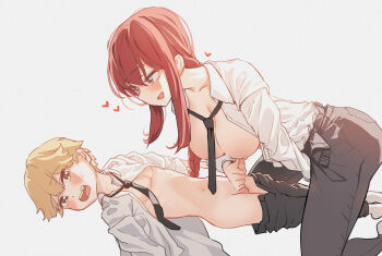 1boy 1girl age_difference aged_down black_necktie black_pants blonde_hair blush braid braided_ponytail breasts chainsaw_man clothes_pull collared_shirt commentary denji_(chainsaw_man) dress_shirt girl_on_top handjob heart hetero highres large_breasts long_hair looking_at_another lying makima_(chainsaw_man) mucha_(user_sxzr8573) necktie nipples on_back onee-shota open_clothes open_mouth open_shirt pants pants_pull penis red_hair shirt shirt_tucked_in short_hair shota simple_background smile teeth uncensored upper_teeth_only white_background white_shirt