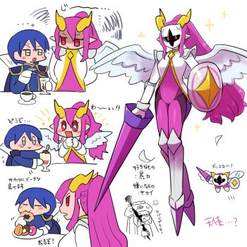 Rule 34 | 2girls, armor, blue hair, blush stickers, cape, commentary, creature and personification, feathered wings, galacta knight, grey eyes, high ponytail, holding, holding polearm, holding shield, holding weapon, horns, kasugai (de-tteiu), kirby (series), mask, meta knight, multiple girls, nintendo, personification, pink hair, polearm, ponytail, red eyes, reverse trap, shield, short hair, sidelocks, sparkle, sparkling eyes, star dream, symbol-only commentary, translated, weapon, wings