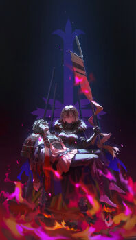 1boy 1girl absurdres armor bandage_over_one_eye bandaged_head bandages banner barefoot black_armor black_bandages cape chiemon_(fate) closed_eyes fate/samurai_remnant fate_(series) fine_art_parody fur-trimmed_cape fur_trim headpiece highres holding holding_banner holding_polearm holding_weapon japanese_armor japanese_clothes jeanne_d'arc_alter_(lancer)_(fate) multiple_scars parody pieta polearm sashimono scar scar_on_neck shoulder_armor sode torn_cape torn_clothes weapon yellow_eyes zekizekoo