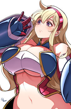 Rule 34 | 1girl, :<, armor, artist name, bare shoulders, blonde hair, blush, breasts, cleavage, cleavage cutout, closed mouth, clothing cutout, commentary request, fujioka yatsufusa, gloves, gold trim, hair between eyes, hairband, hand up, highres, kamen america (comic), kamen victory, large breasts, long hair, looking ahead, looking at hand, navel, purple eyes, red hairband, sidelocks, simple background, solo, stomach, superhero costume, two-tone gloves, underboob, underboob cutout, upper body, very long hair, white background