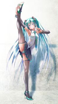 1girl aqua_eyes aqua_hair arm_up armpits black_thighhighs blush bra bra_visible_through_clothes detached_sleeves eyelashes female_focus fingernails flexible full_body hamstring hatsune_miku high_heels highres leg_lift leg_up lips long_hair looking_at_viewer nail_polish necktie panties pantyshot partially_visible_vulva pleated_skirt see-through_clothes shirt shoes skirt smile solo split standing standing_on_one_leg standing_split striped_bra striped_clothes striped_panties taut_clothes taut_shirt thighhighs thighs twintails underwear upskirt v very_long_hair vocaloid wokada