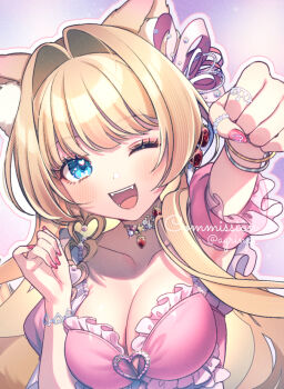 1girl ;d animal_ear_fluff animal_ears bangle blonde_hair blue_eyes blush bracelet breasts cleavage collarbone commentary_request commission copyright_request detached_sleeves fangs hair_intakes jewelry long_hair looking_at_viewer medium_breasts nail_polish one_eye_closed open_mouth outstretched_arms pink_nails pink_sleeves puffy_short_sleeves puffy_sleeves rinndouk short_sleeves skeb_commission smile solo twitter_username upper_body very_long_hair virtual_youtuber