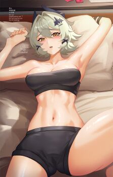 1girl absurdres alternate_breast_size_(smaller) armpits arms_up bare_shoulders black_horns black_shorts black_tube_top blush breasts caesar_king_(zenless_zone_zero) cleavage collarbone commentary_request condom condom_wrapper cowboy_shot green_hair hair_between_eyes hair_intakes hair_ornament hairclip highres horns indoors looking_at_viewer medium_breasts midriff navel on_bed parallel_hairclips parted_lips pillow shadow shiro_font short_hair short_shorts shorts sidelocks signature solo strapless sweat tube_top watermark x_hair_ornament yellow_eyes zenless_zone_zero