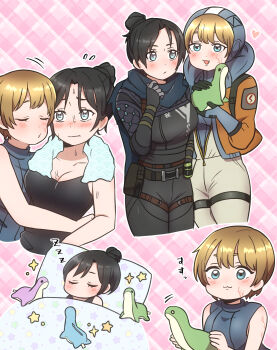 2girls :3 animification apex_legends black_bodysuit black_hair blue_bodysuit blue_eyes blue_scarf blue_sweater blush bodysuit breasts brown_hair closed_eyes collarbone facial_scar hair_bun heart highres holding holding_stuffed_toy hood hooded_bodysuit medium_breasts multiple_girls nervous nessie_(respawn) pink_background ribbed_bodysuit ribbed_sweater scar scar_on_cheek scar_on_face scarf short_hair single_hair_bun sleeping sleeveless sleeveless_sweater star_(symbol) stuffed_toy sweat sweater thigh_strap usagi_hamii wattson_(apex_legends) white_bodysuit wraith_(apex_legends) yuri