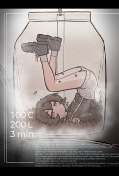 1girl absurdres black_border black_shirt black_shorts blurry_text bob_cut border breasts brown_eyes brown_hair coffee_mug collared_shirt compass cup dress_shirt empty_eyes english_text film_grain full_body highres jewelry letterboxed long_sleeves mini_person minigirl mug necklace no.3_(shoeguy) original pendant pouring shirt shoeguy short_hair short_shorts shorts small_breasts socks steam suspenders tea tea_leaves teabag upside-down white_border white_shorts white_socks