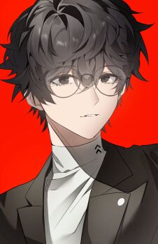 1boy amamiya_ren black-framed_eyewear black_hair black_jacket commentary glasses hair_between_eyes hashtag-only_commentary highres jacket lapels male_focus parted_lips parun0ri persona persona_5 portrait round_eyewear school_uniform shirt short_hair shuujin_academy_school_uniform simple_background solo turtleneck turtleneck_shirt white_background white_shirt