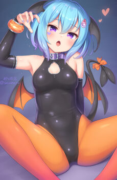 1girl black_leotard blue_hair breasts commentary_request demon_tail head_wings heart highres leotard medium_breasts orange_pantyhose original pantyhose purple_eyes sasaame solo spread_legs tail wings