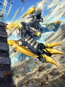 absurdres armor blue_eyes blue_sky breastplate building chest_jewel city cityscape claws cloud cloudy_sky commentary day debris dust_cloud dutch_angle elbow_spikes emphasis_lines full_armor full_body gem giant giant_cat glowing glowing_eyes highres kaiju light_particles looking_ahead mecha meteokaiju midair monster monster_focus neck_fur no_humans open_mouth outdoors pouncing roaring robot robuja shoulder_armor shoulder_spikes sky solo spikes tail tiger tokusatsu trigaron tsuburaya_productions ultra_series ultraman_omega_(series) white_fur yellow_claws yellow_gemstone