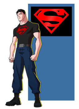 1boy belt belt_buckle black_boots black_hair blue_eyes boots buckle dc_comics highres jerome-k-moore looking_at_viewer male_focus pants shirt sleeveless solo superboy superhero_costume young_justice